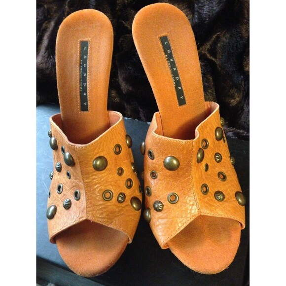 Laundry by Shelli Segal Leather Studded Mules 5" Block Heel Open Toe Moto Boho 9 - Picture 1 of 5